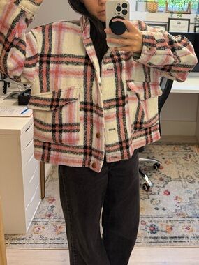 bagatelle Pink, White & Black Plaid Teddy Jacket